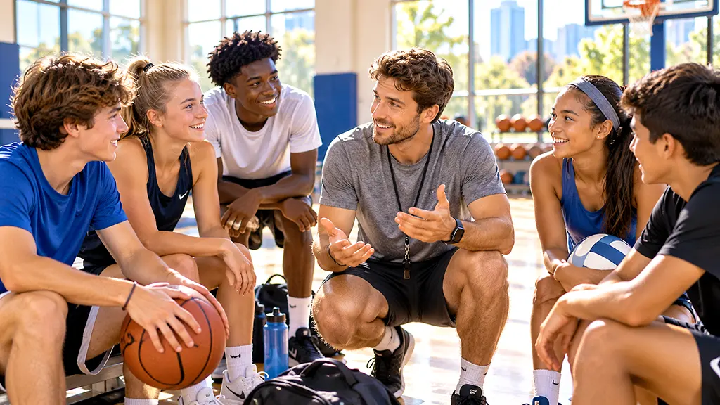 Sports camp coach guiding young athletes during an outdoor summer sports activity