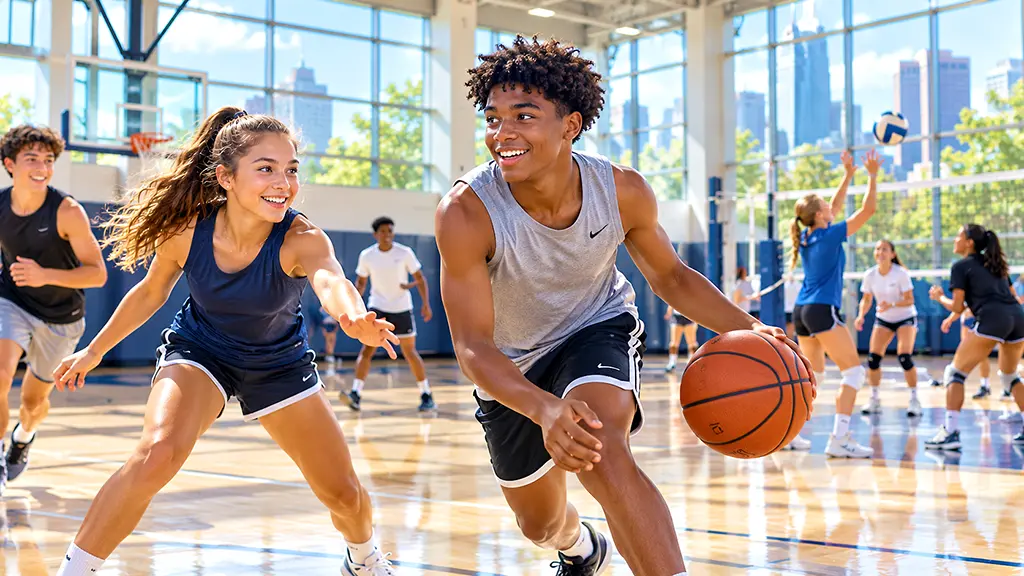 Teen athletes enjoying basketball and other activities in a bright indoor summer sports camp gym