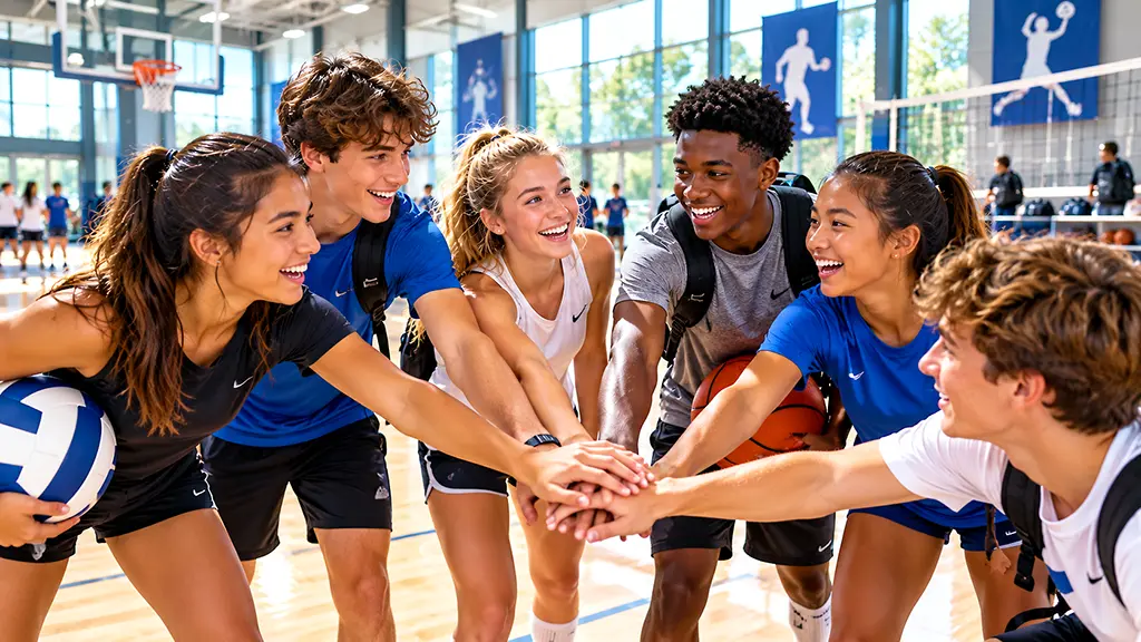 Teen athletes encouraging each other during a team huddle at an indoor summer sports camp
