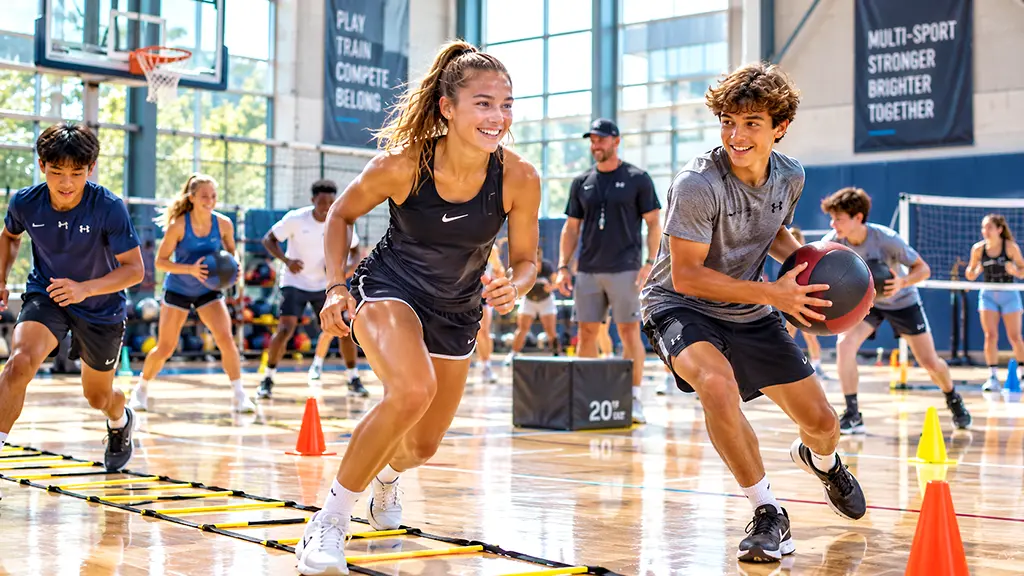 Young athletes practicing supervised sports training drills inside a summer camp gymnasium