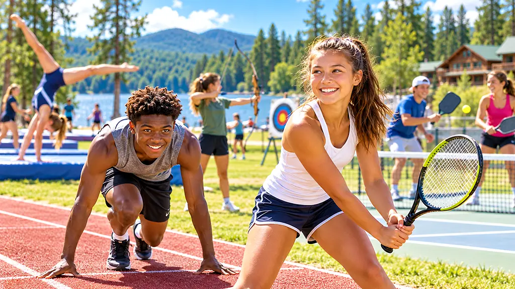 Kids and teens enjoying a variety of team and individual sports at a summer sports camp